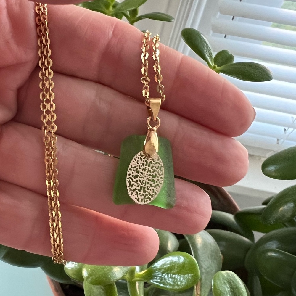 Hand Crafted Sea Glass Necklace Pendant with a Gold Charm